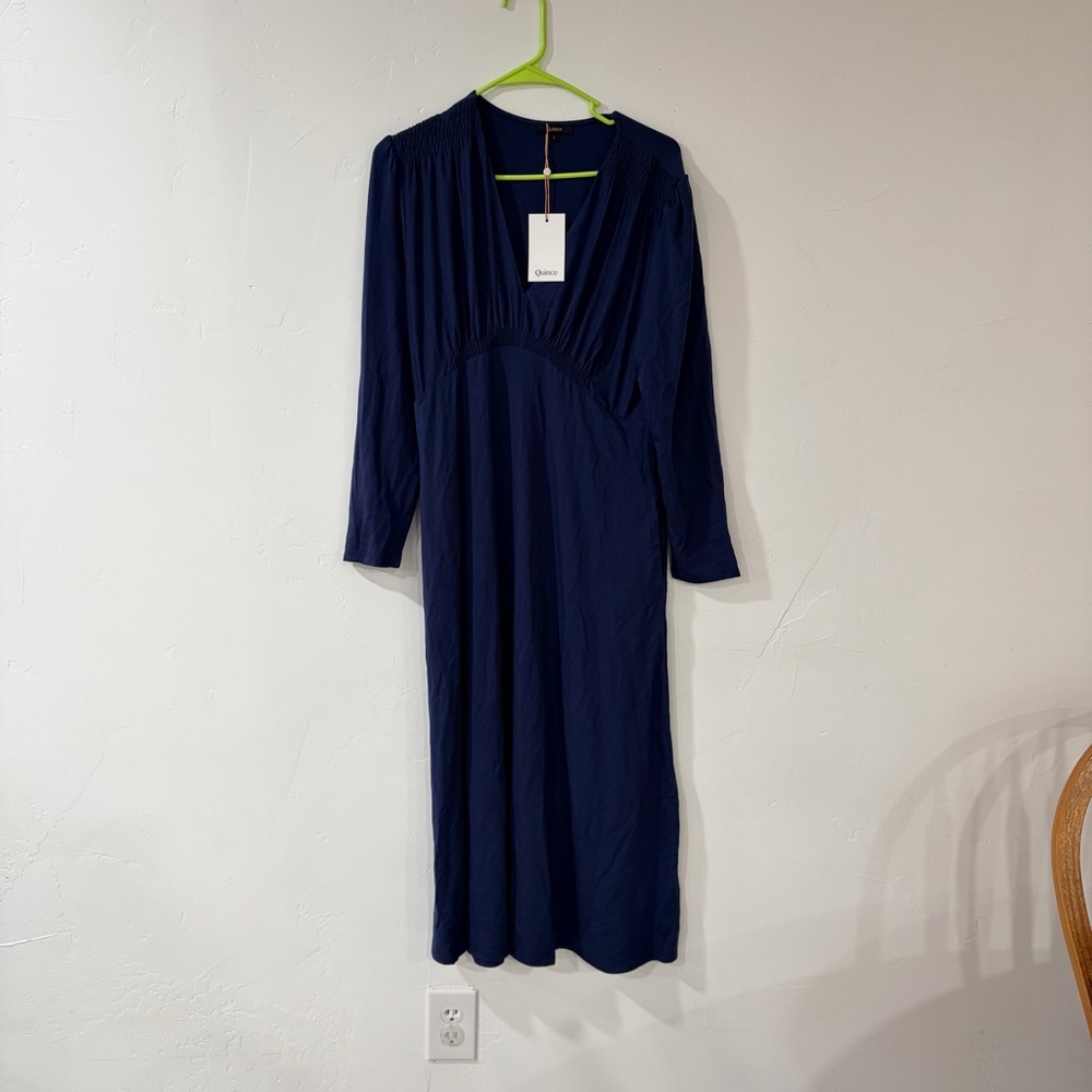 Quince Women Tencel Jersey V-neck Long Sleeve Midi Dress Navy Basic size Large - Picture 4 of 8